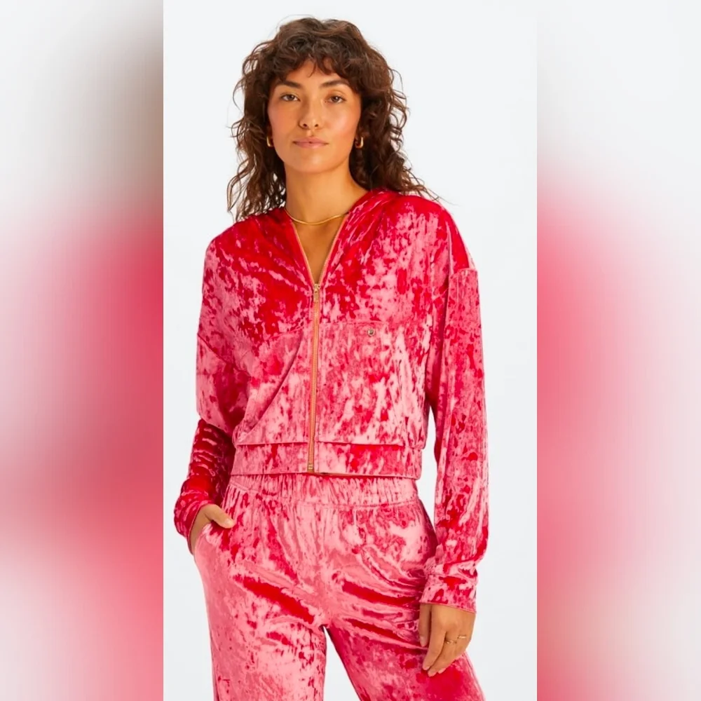 Fabletics Crushed Velvet Pants M Jacket Large Set Go To Wide Leg Strawberry Red